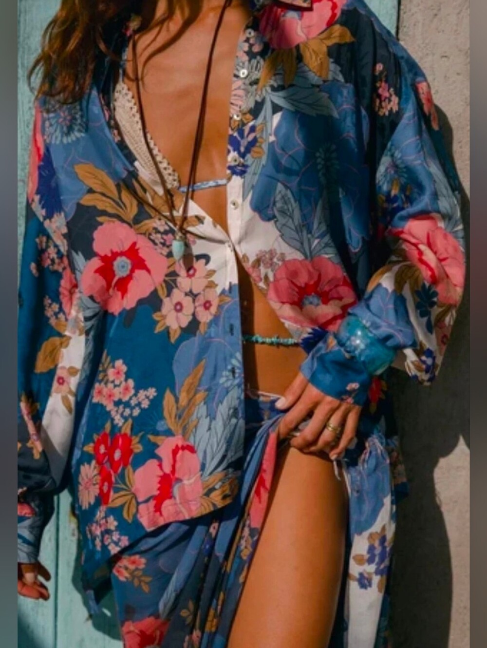 Spell & The Gypsy Collective Tyler Shirt Large Blue Shadow Floral Button Down